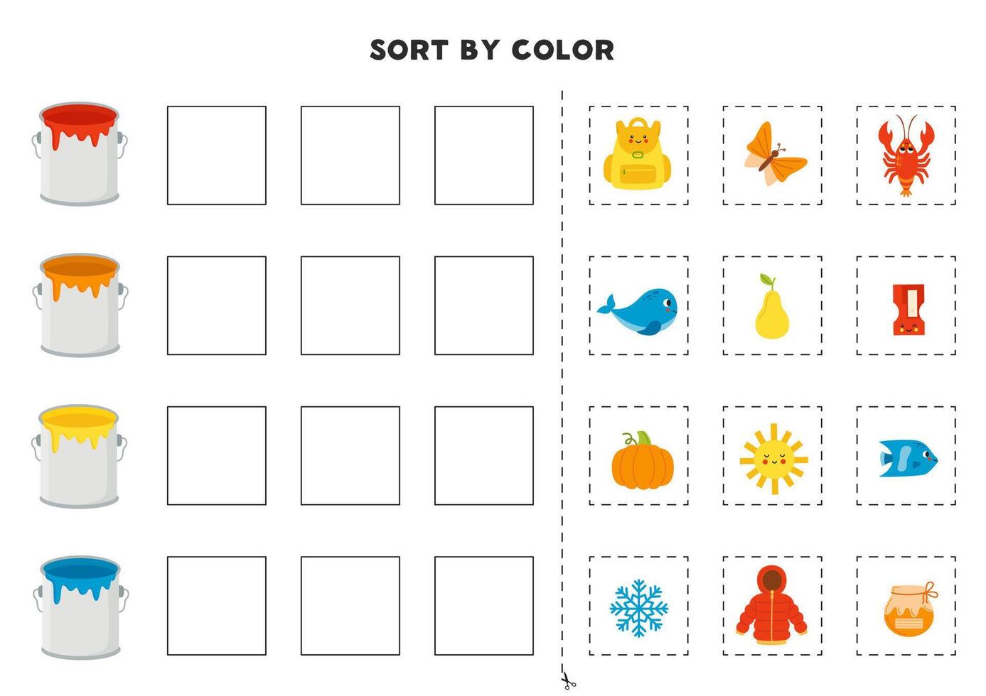 Sort pictures by color. Basic colors for kids. Game for kids. Cut and glue. vector