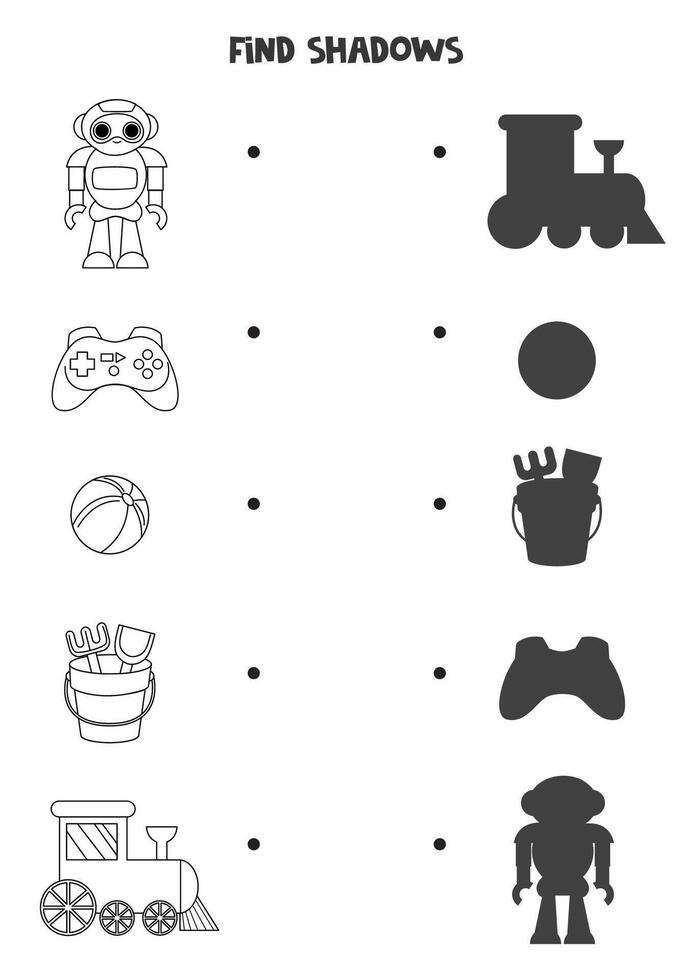 Find the correct shadows of black and white toys. Logical puzzle for kids. vector