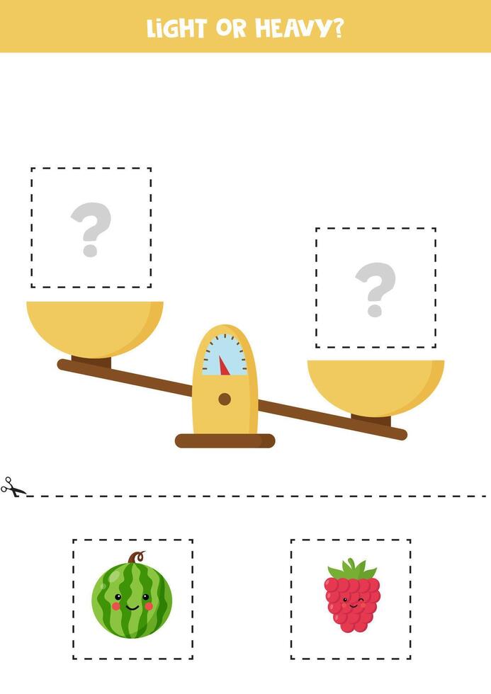 Light, heavy or equal. Educational worksheet with scales. Introduction of weight for kids. vector