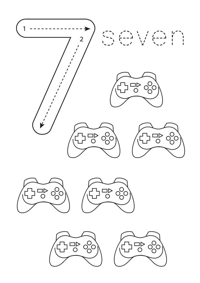 Flashcard number 7. Preschool worksheet. Count toys. vector