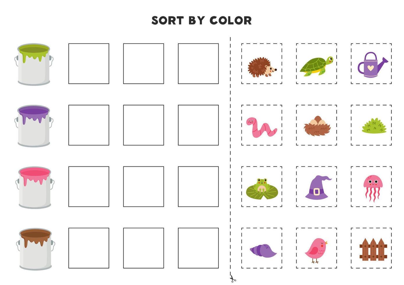 ordenar imágenes por color. básico colores para niños. juego para niños. cortar y pegamento. vector