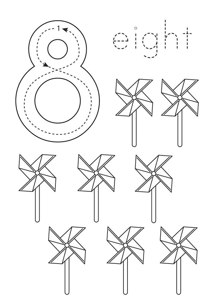 Flashcard number 8. Preschool worksheet. Count toys. vector