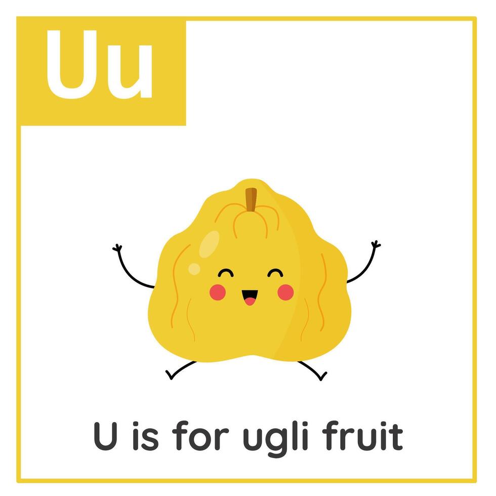 Fruta y vegetal alfabeto tarjeta de memoria flash para niños. aprendizaje letra tu tu es para ugli fruta. vector