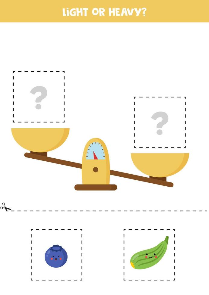 Light, heavy or equal. Educational worksheet with scales. Introduction of weight for kids. vector