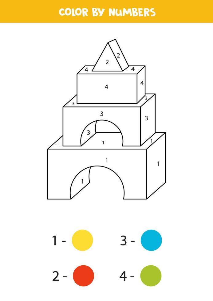 Color cartoon toy pyramid by numbers. Worksheet for kids. vector