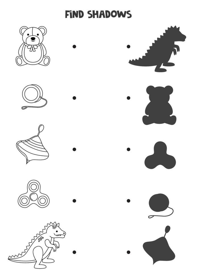 Find the correct shadows of black and white toys. Logical puzzle for kids. vector