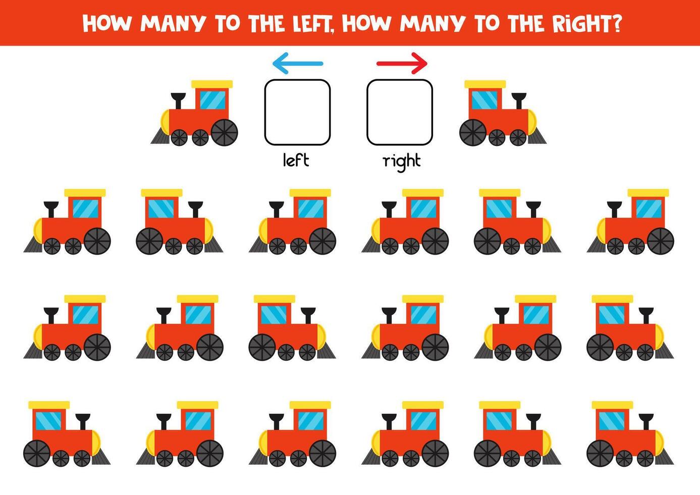 Left or right with cute cartoon toy train. Logical worksheet for preschoolers. vector