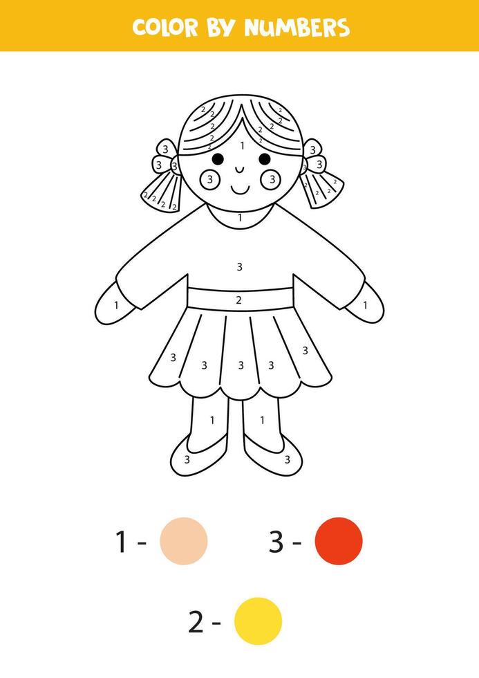 Color cartoon toy doll by numbers. Worksheet for kids. vector