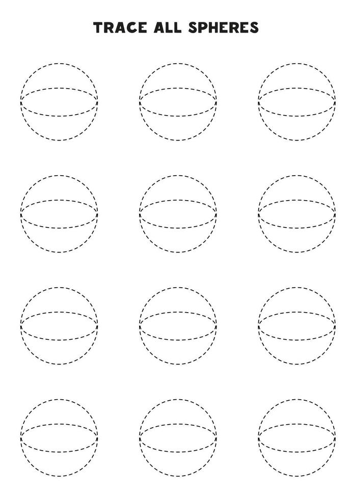 Trace all spheres. Handwriting practice for kids. Black and white worksheet. vector