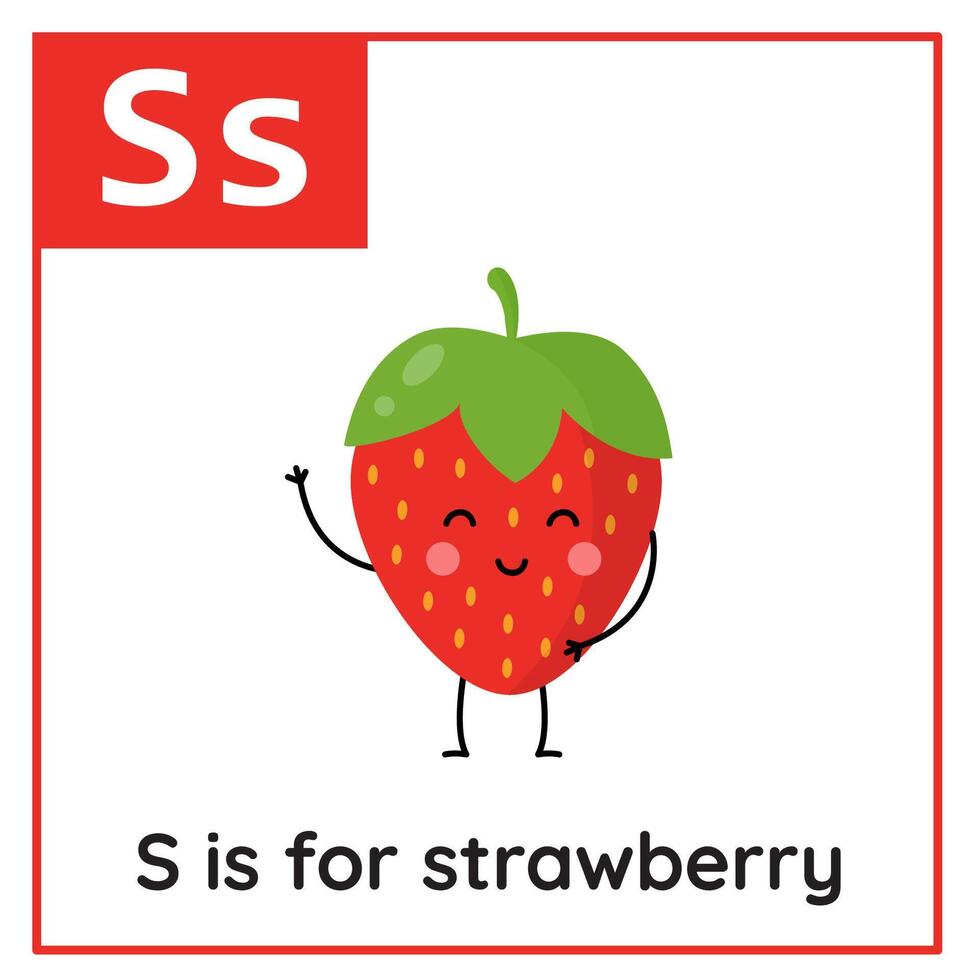 Fruit and vegetable alphabet flashcard for children. Learning letter S. S is for strawberry. vector