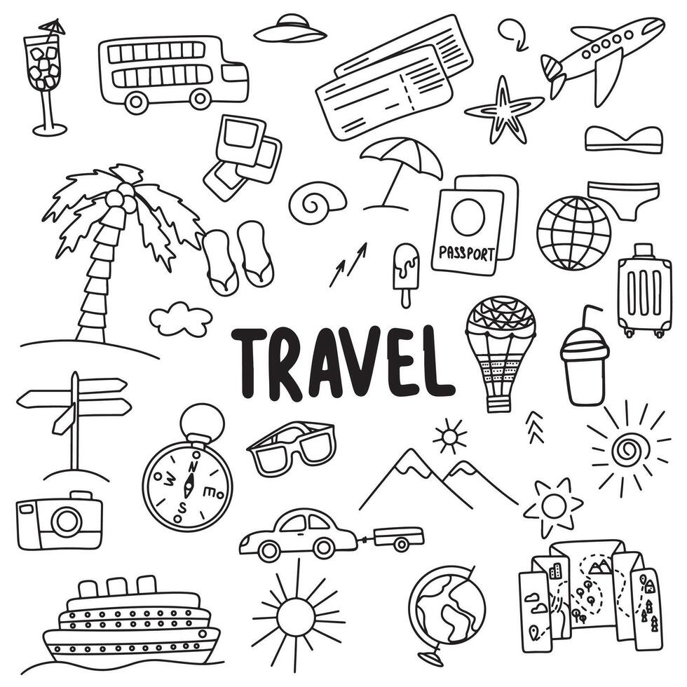 Collection of travel icons set in doodle style. Hand drawn art. vector