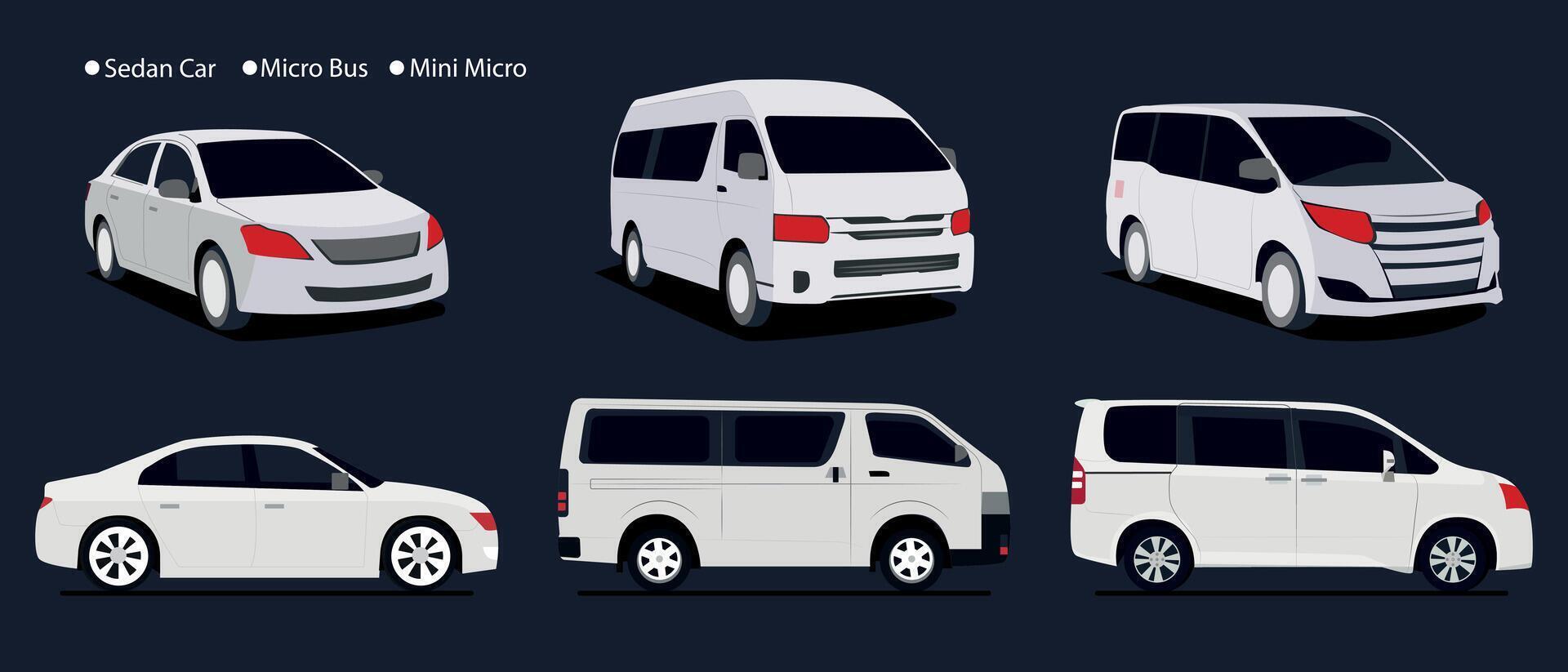 Cars of different types of illustrations set side view of sedan, minibus, micro, mini micro vector