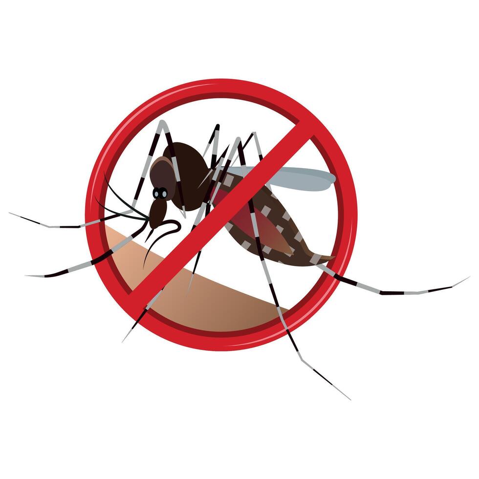 Red prohibition danger sign with mosquitos drinking blood on human skin vector