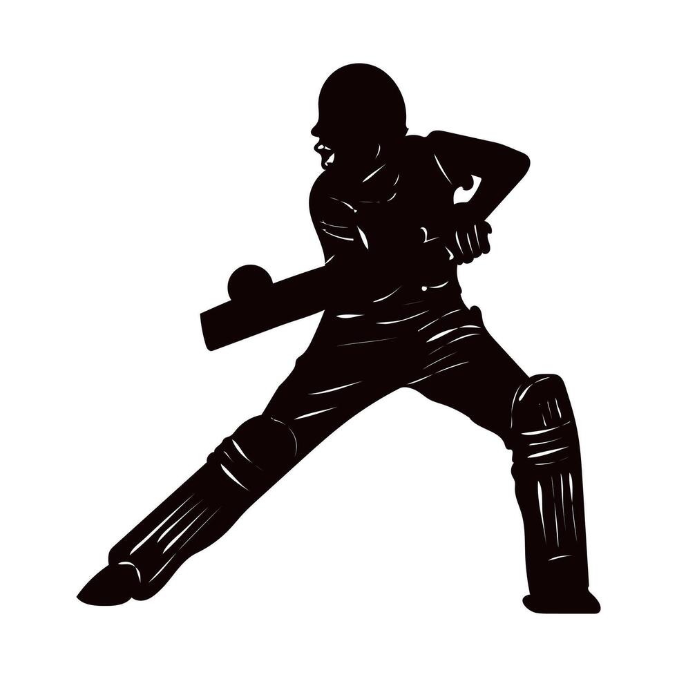 Set of batsman silhouette playing cricket on the field. Black and white vector