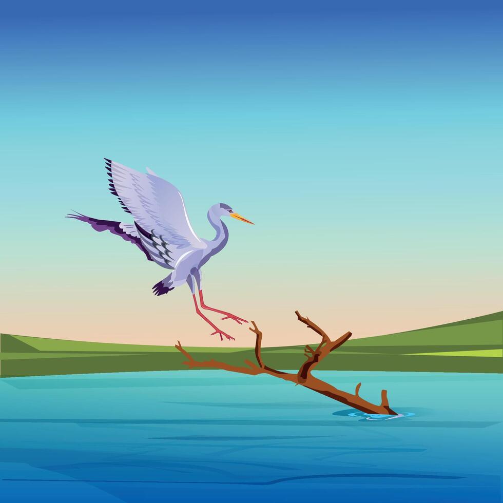 The Heron is flying to sit on a tree illustration flat style profile view vector