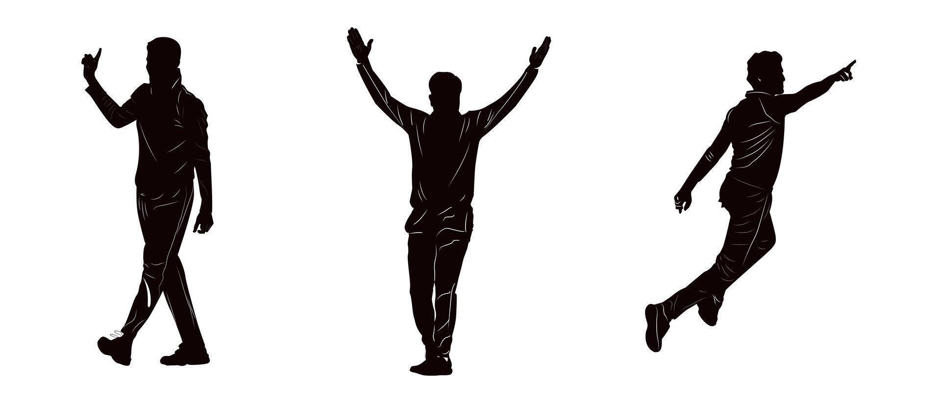 Set of batsman silhouette playing cricket on the field. Black and white vector