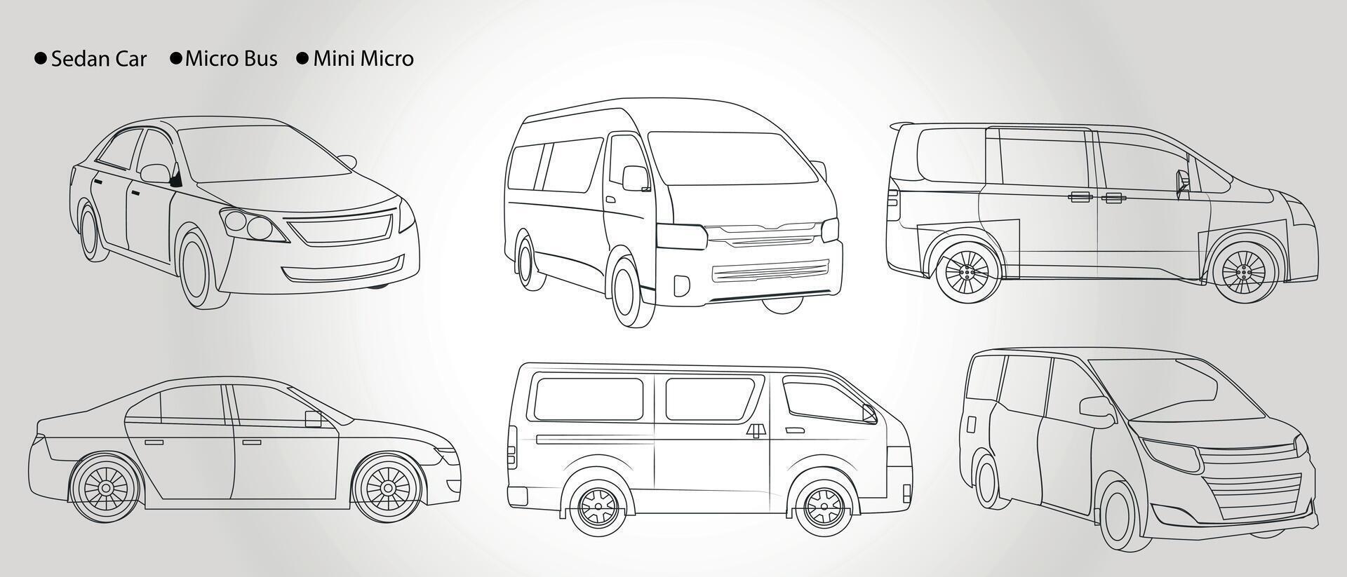 Carline drawings set of bus, sedan, minibus, micro, mini micro hand drawn car vector