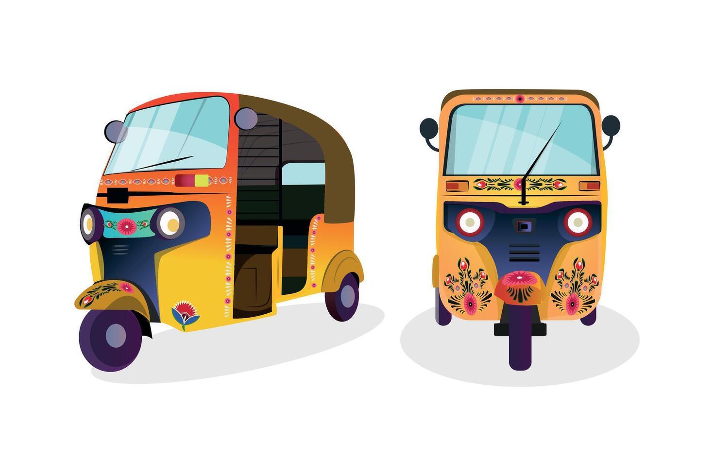 conjunto de amarillo auto-rickshaw ilustraciones en India. con bicitaxi pintar en él. frente ver de tuk-tuk vector