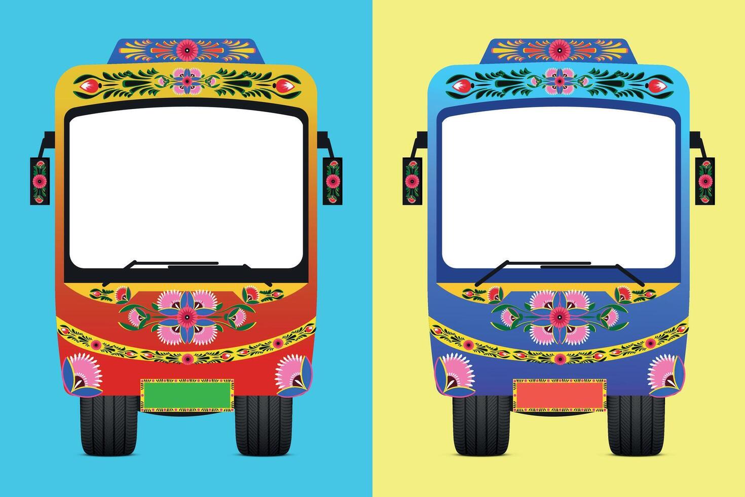 Set of colorful trucks with a colorful flower pattern on the front vector