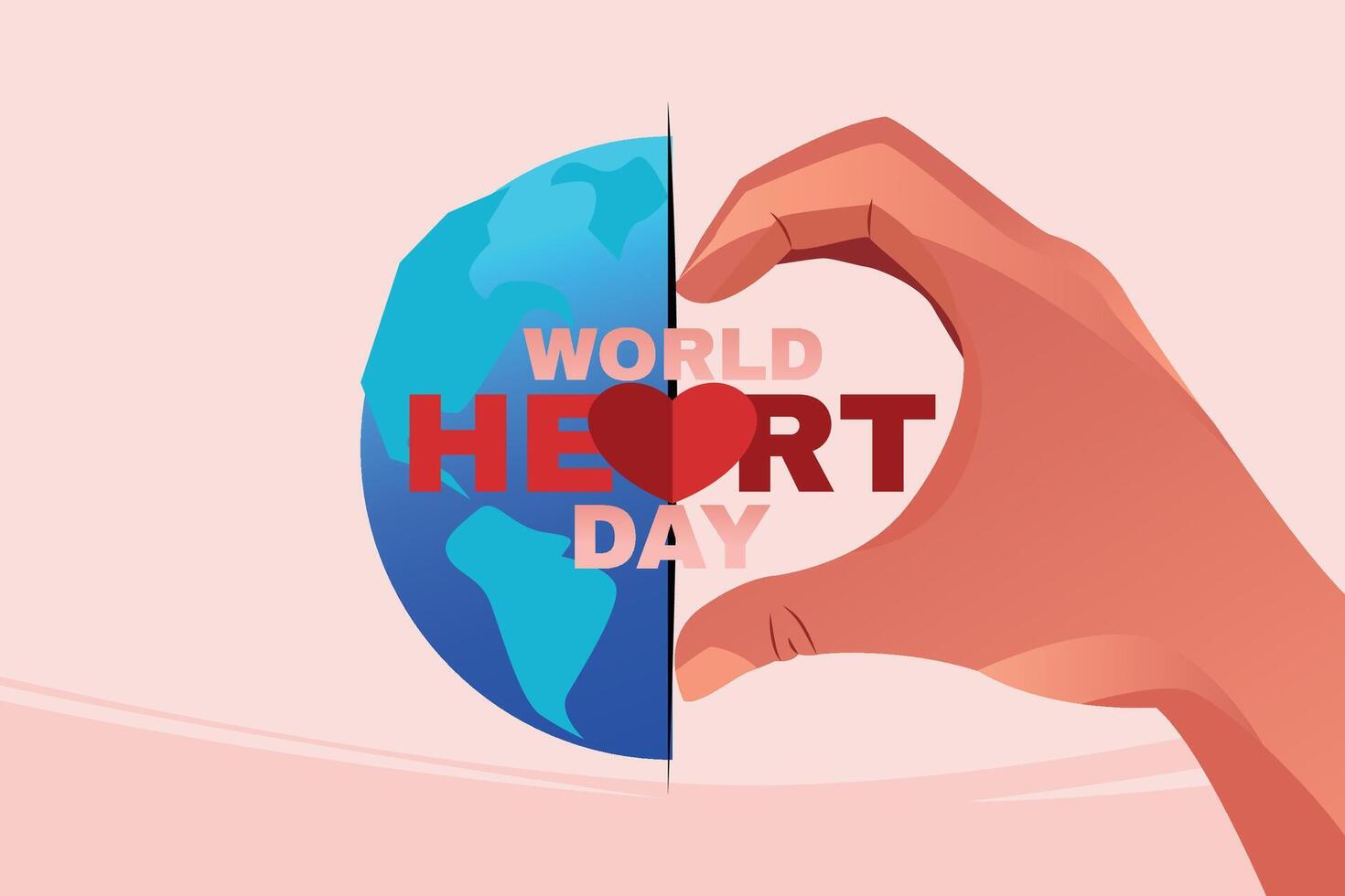 mundo corazón día, joven mujer hacer en forma de manos corazones con mundo mapas vector