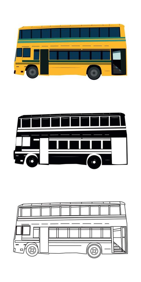 Iconic yellow Double-Decker illustration on a white background. silhouette and line art vector