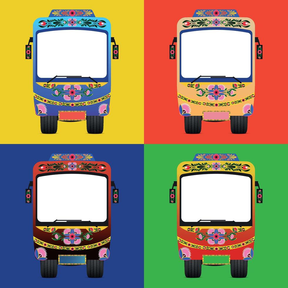 Set of colorful trucks with a colorful flower pattern on the front vector