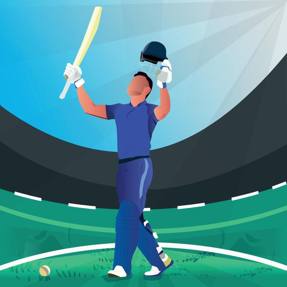 Illustration of a batsman cheering score on the field in a colorful background vector