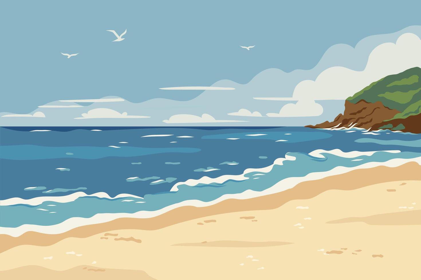 Cartoon summer beach. Landscape with sea coast, sand beach, sky and rocks. Horizontal seaside with sandy ocean shore and clouds on horizon. Seashore panoramic view. Flat background illustration vector