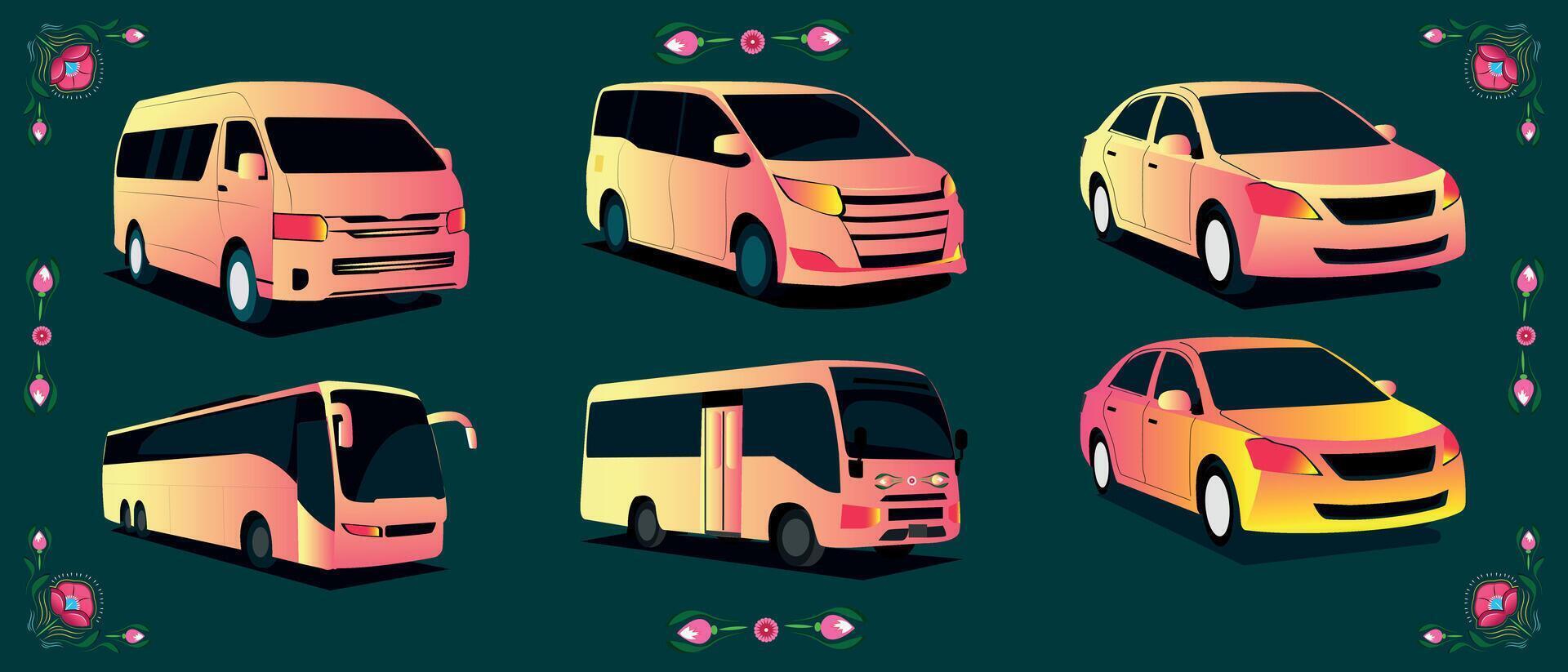 Cars of different types of illustrations set side view of the bus, sedan, minibus, micro, mini micro vector