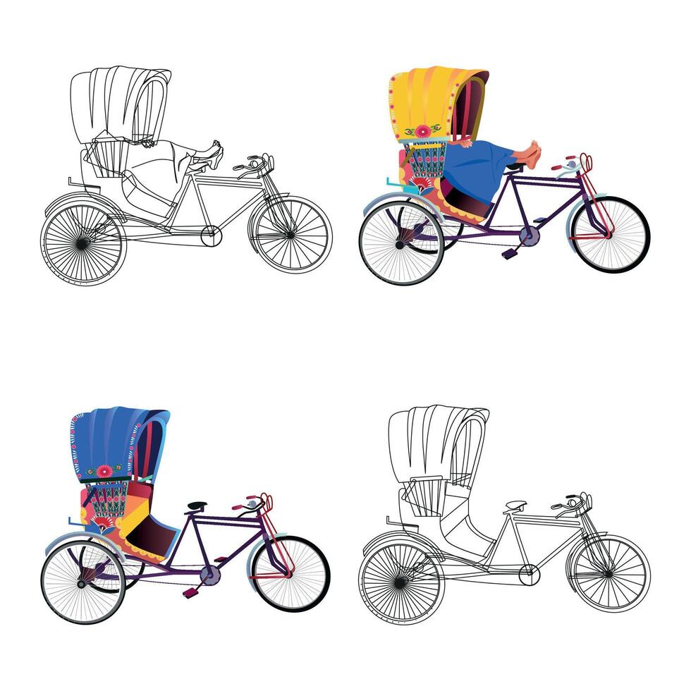 conjunto de vistoso bicitaxi ilustraciones bangladeshi bicitaxi Arte tri ciclo de dhaka ciudad vector