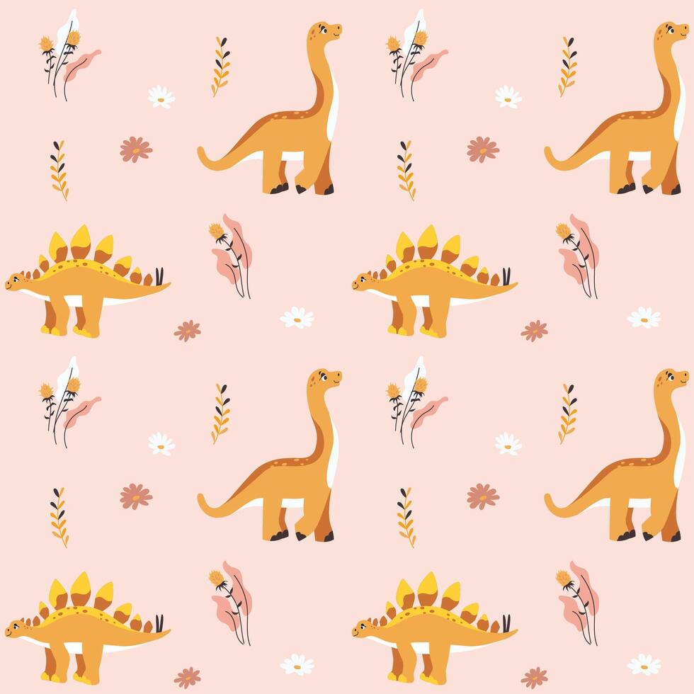 colored seamless repeating pattern for children with cute dinosaurs, plants and flowers in Scandinavian style on a pink background. Design for a girl in pastel colors with pink and yellow dino. vector