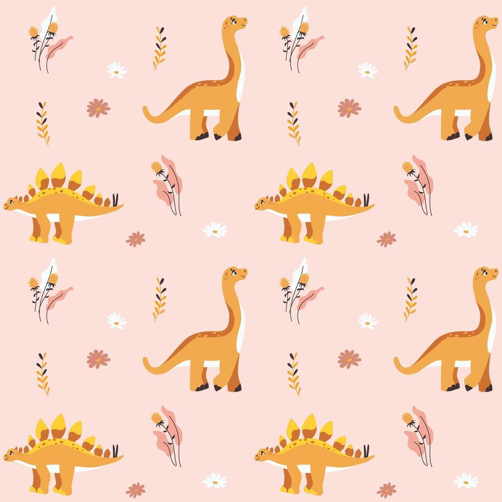 colored seamless repeating pattern for children with cute dinosaurs, plants and flowers in Scandinavian style on a pink background. Design for a girl in pastel colors with pink and yellow dino. vector