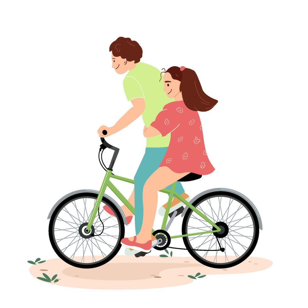 chico y niña paseo un bicicleta juntos. contento chico paseos un niña en un bicicleta. niños verano ocupaciones y divertida. adorable niños teniendo divertido al aire libre plano ilustración aislado en blanco antecedentes vector