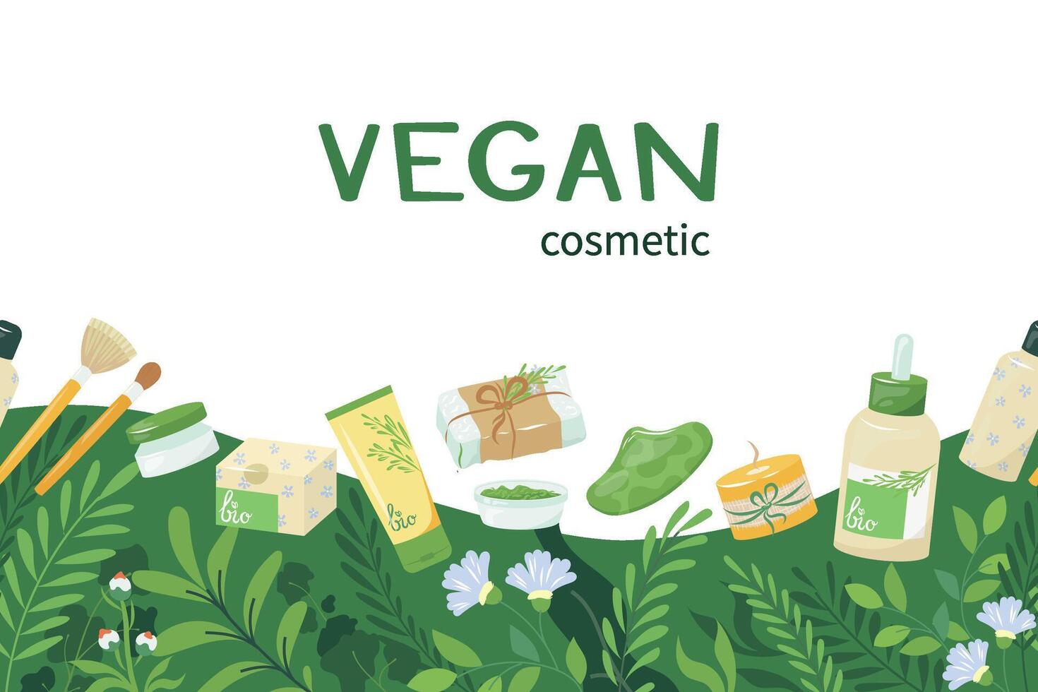 Border with natural wood bottles, jars and paper tubes for eco friendly living. Colorful illustration organic vegan cosmetics for make up with green plants. Zero waste lifestyle concept vector