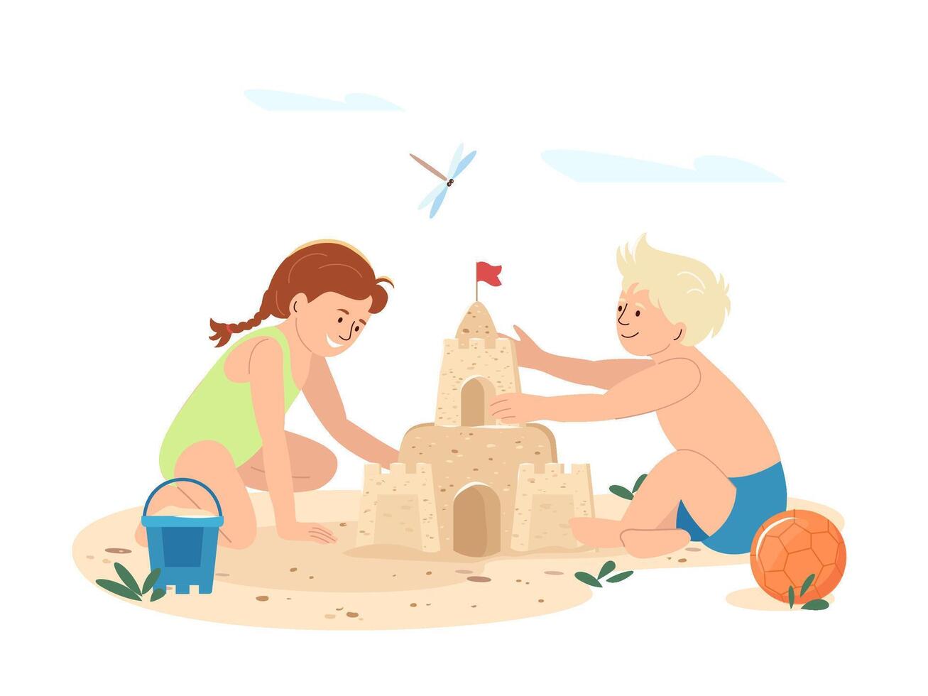 contento niños jugando en costa arena playa aislado plano ilustración. dibujos animados niños edificio arena castillo juntos. verano actividad y infancia concepto. chico y niña disfrutando playa descansar. vector