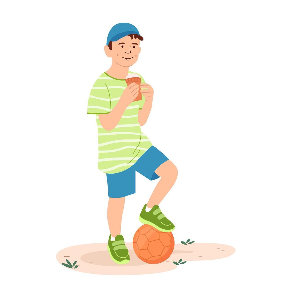 linda niño comiendo helado. contento niño paliza helado, dulce frío verano postre en gofre cono. dulce diente chico sonriente, disfrutando sabroso alimento. plano ilustración aislado en blanco antecedentes vector