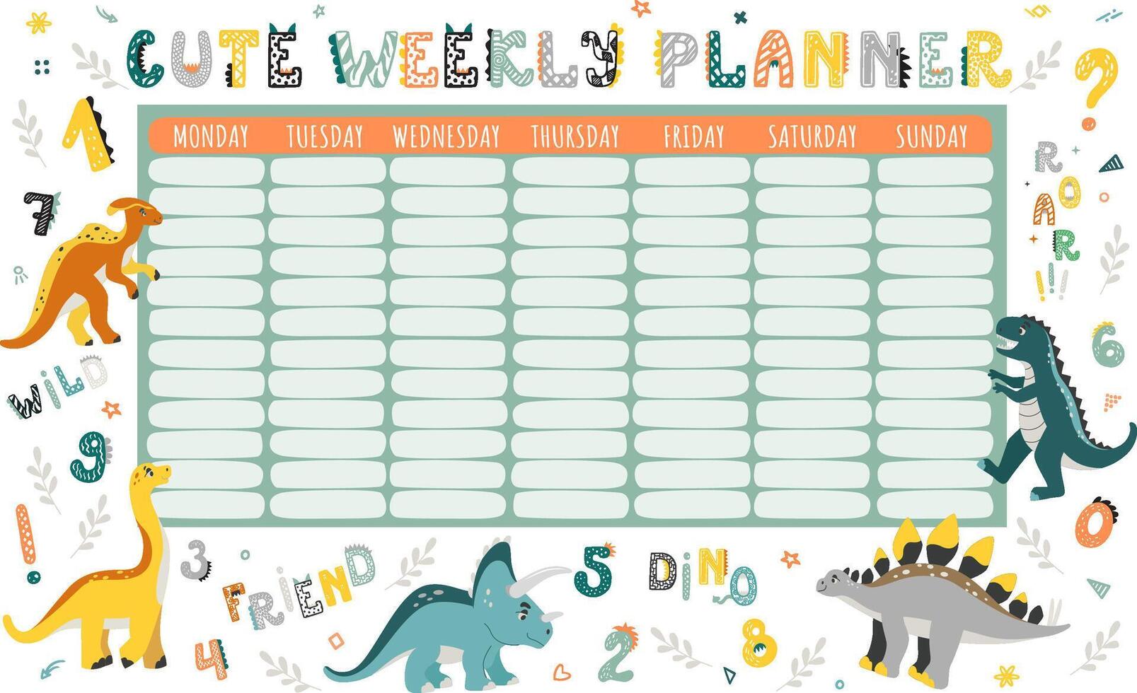 Cute dinosaurs stationery planner for a week and daily organizer for kids, Monday to Sunday schedule. colorful illustrations of various funny dino in simple scandinavian cartoon style vector