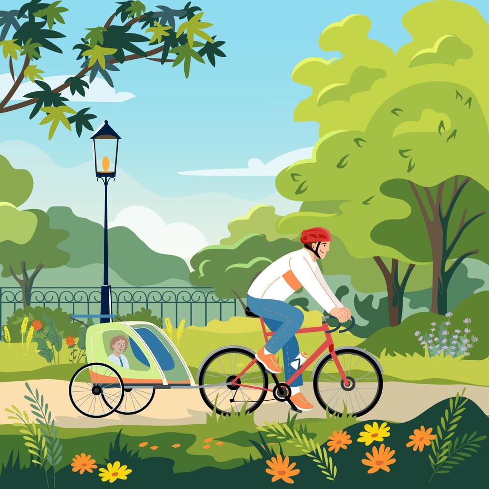 Father riding bicycle with child in trailer. Modern dad cycling bike with kid in public garden. Daddy together with daughter at leisure outdoor. landscape of city park with green trees vector