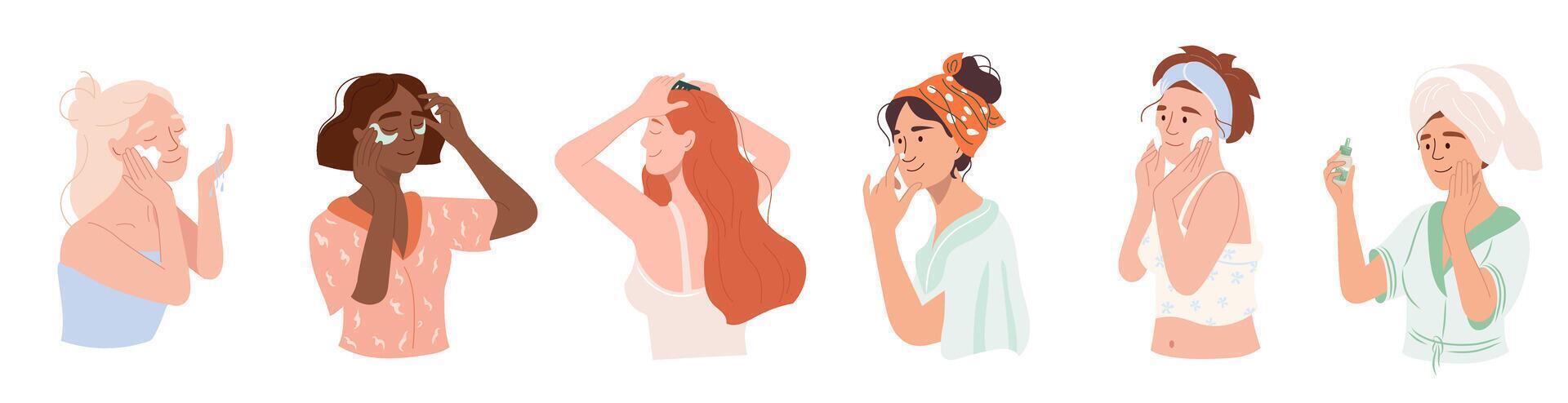 Happy girls applying cleansing and moisturizing face skincare products at home. Flat illustration everyday care routine of different skin type young women vector