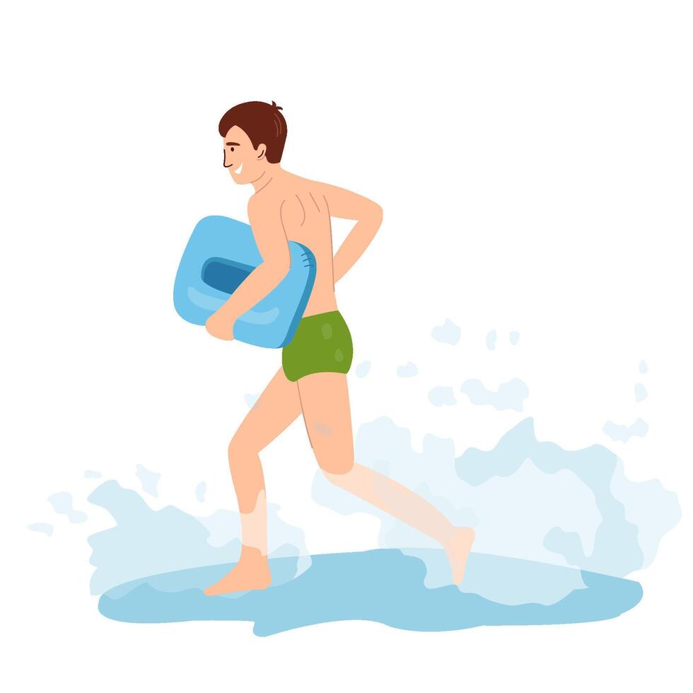 Boy in green swimming trunks runs along the beach with an inflatable raft for swimming. Flat cartoon style illustration can be used for summer design, posters, banners. Summer theme vector