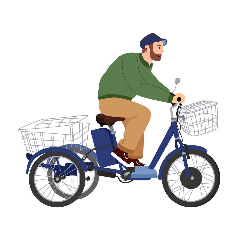 hombre en el triciclo con cesta. plano diseño ilustración. actividad y sano estilo de vida concepto. entregado de paquetes por ciclismo mensajero triciclo carga diseñado y construido específicamente vector