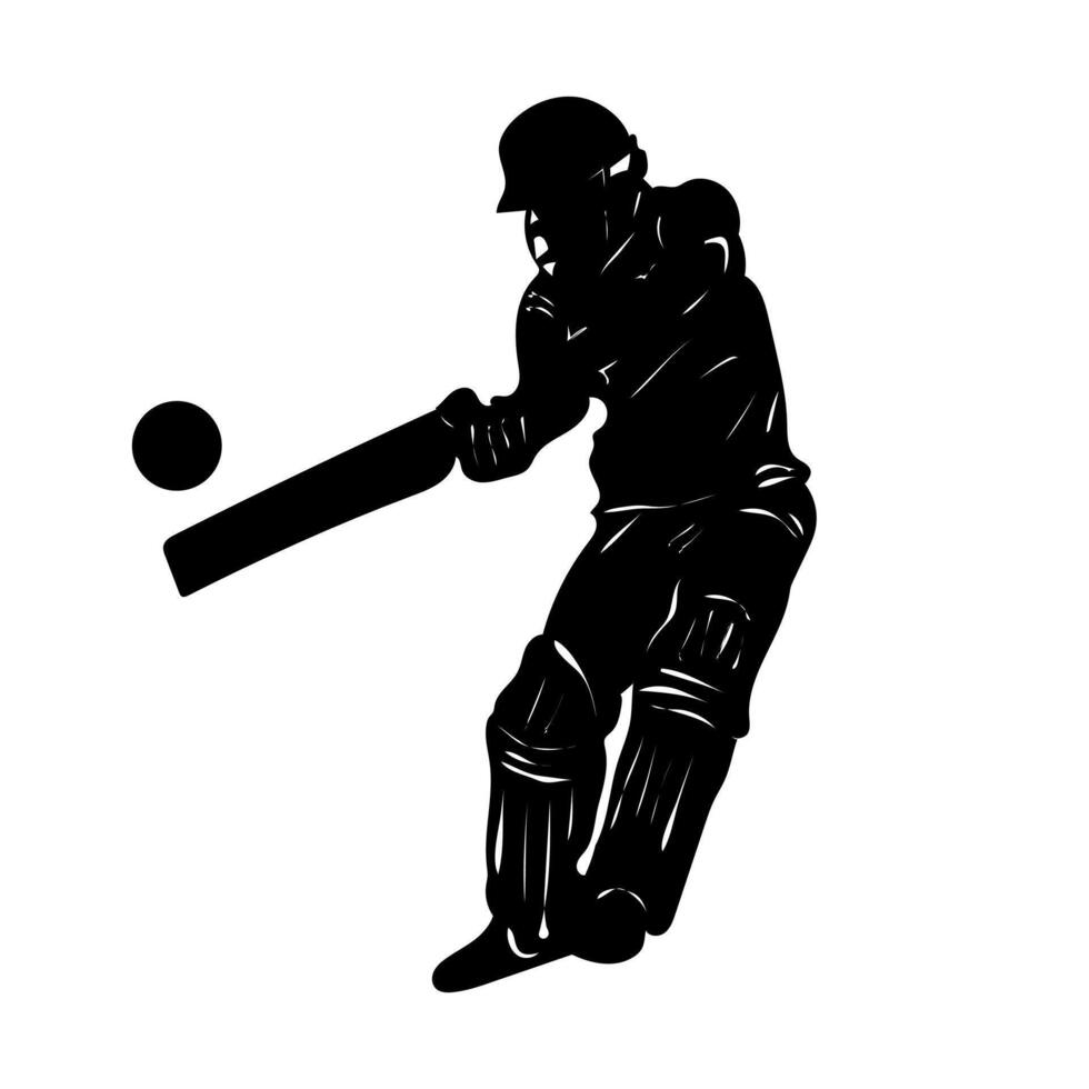 Set of batsman silhouette playing cricket on the field. Black and white vector