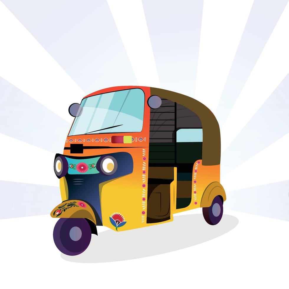 Yellow auto-rickshaw illustrations in India. with rickshaw paint on it. front view of tuk-tuk vector