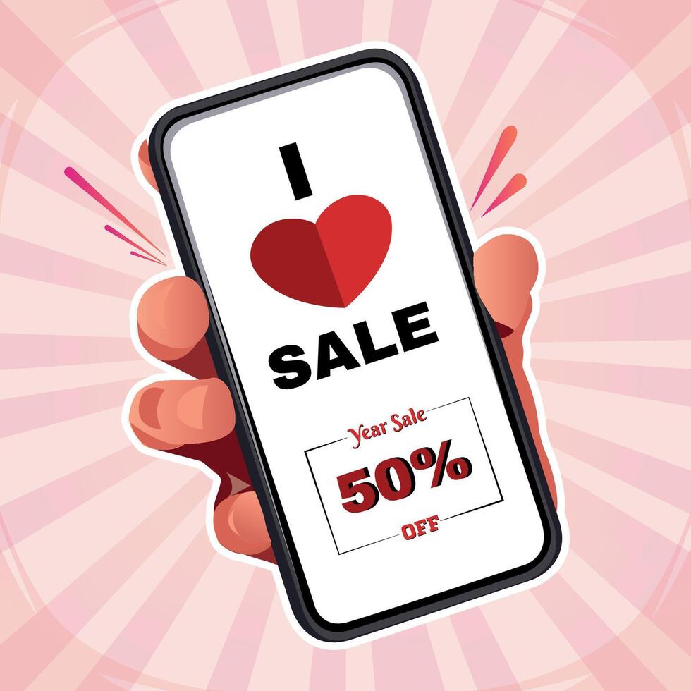 A man holds a hand touch screen smartphone with I love sale typography vector