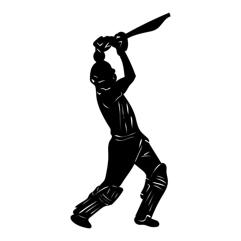 Set of batsman silhouette playing cricket on the field. Black and white vector