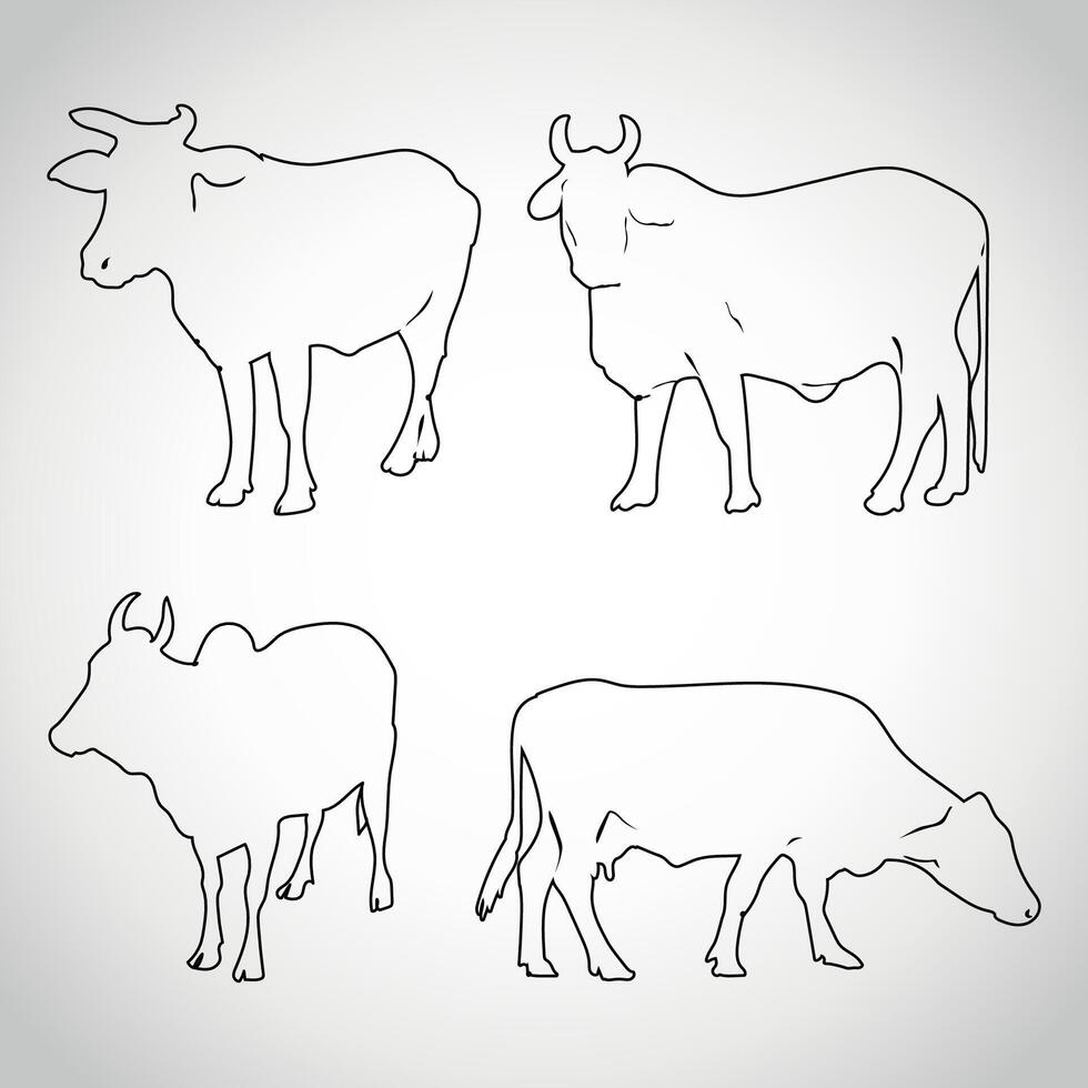 Set of Cow linear style icon. Black line art cow isolated on white vector