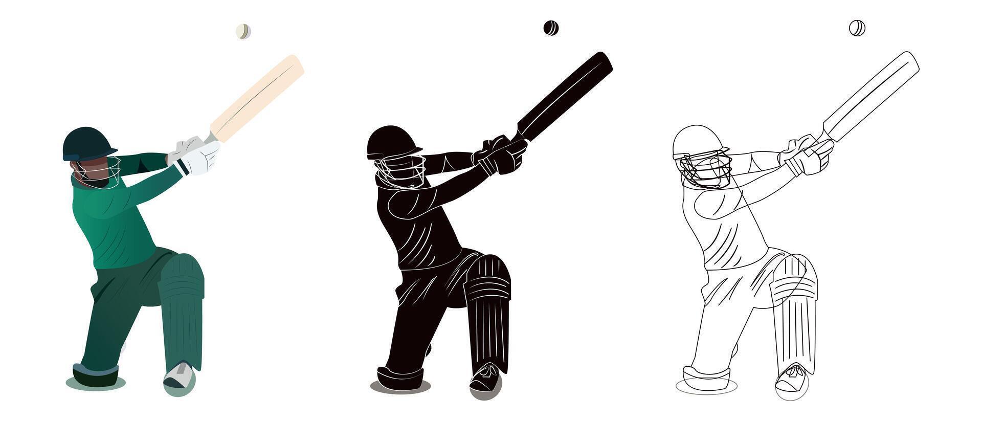 conjunto de un bateador jugando Grillo en el campo ilustración, línea Arte y silueta vector