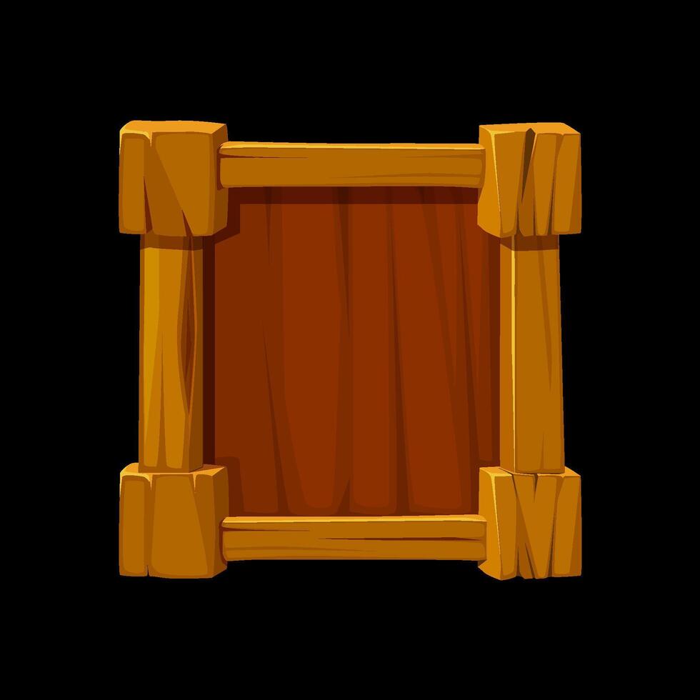 Wooden game frame or border. Brown plank and panel for 2D game interface design and UI element. vector