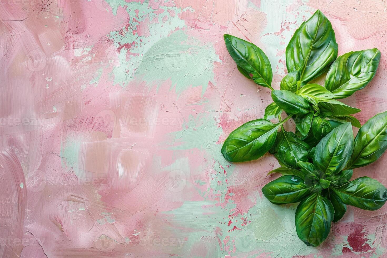Artistic top view of a basil sprig on a pastel background, elegant and simple photo