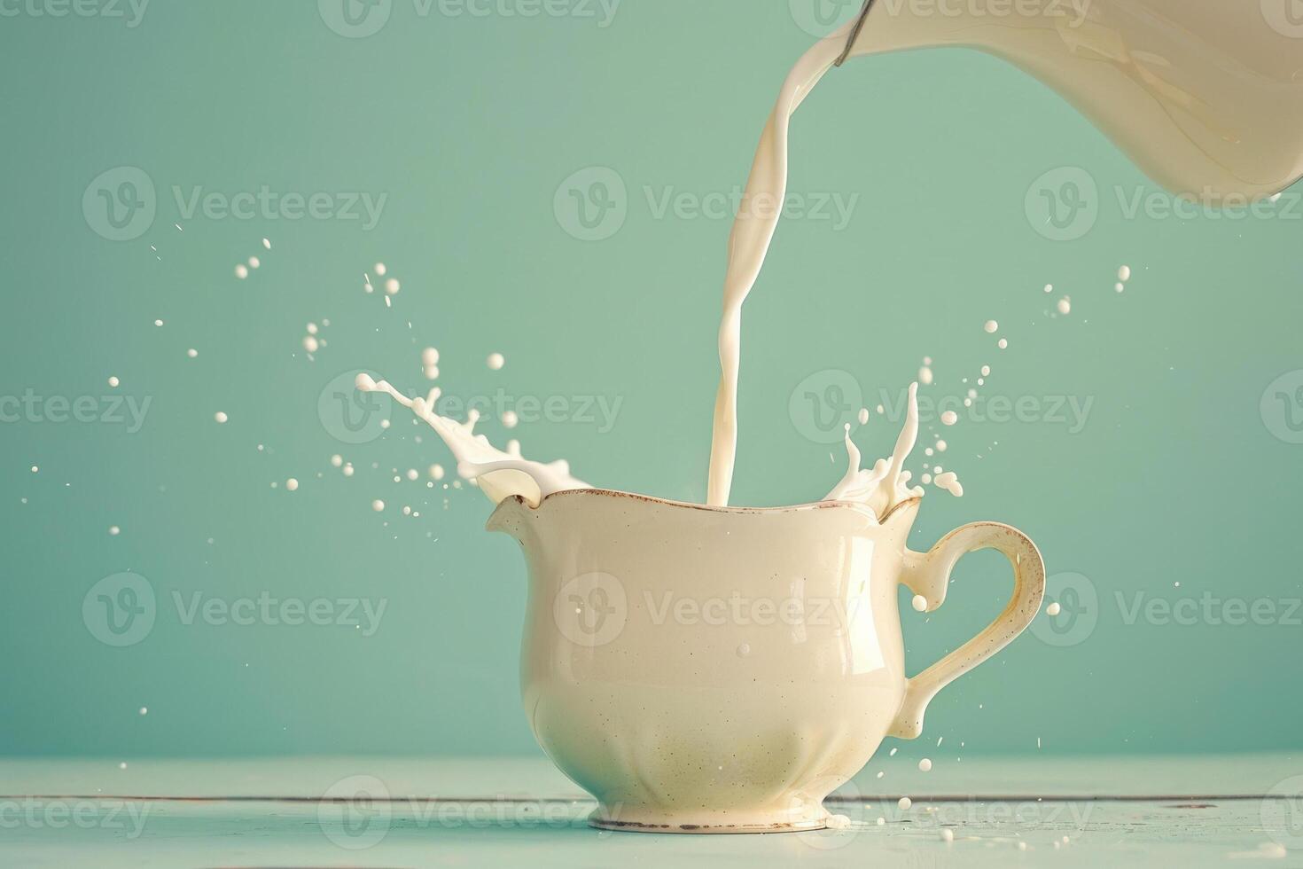 Milk being poured from a vintage jug, classic look against a pastel green to blue gradient background photo